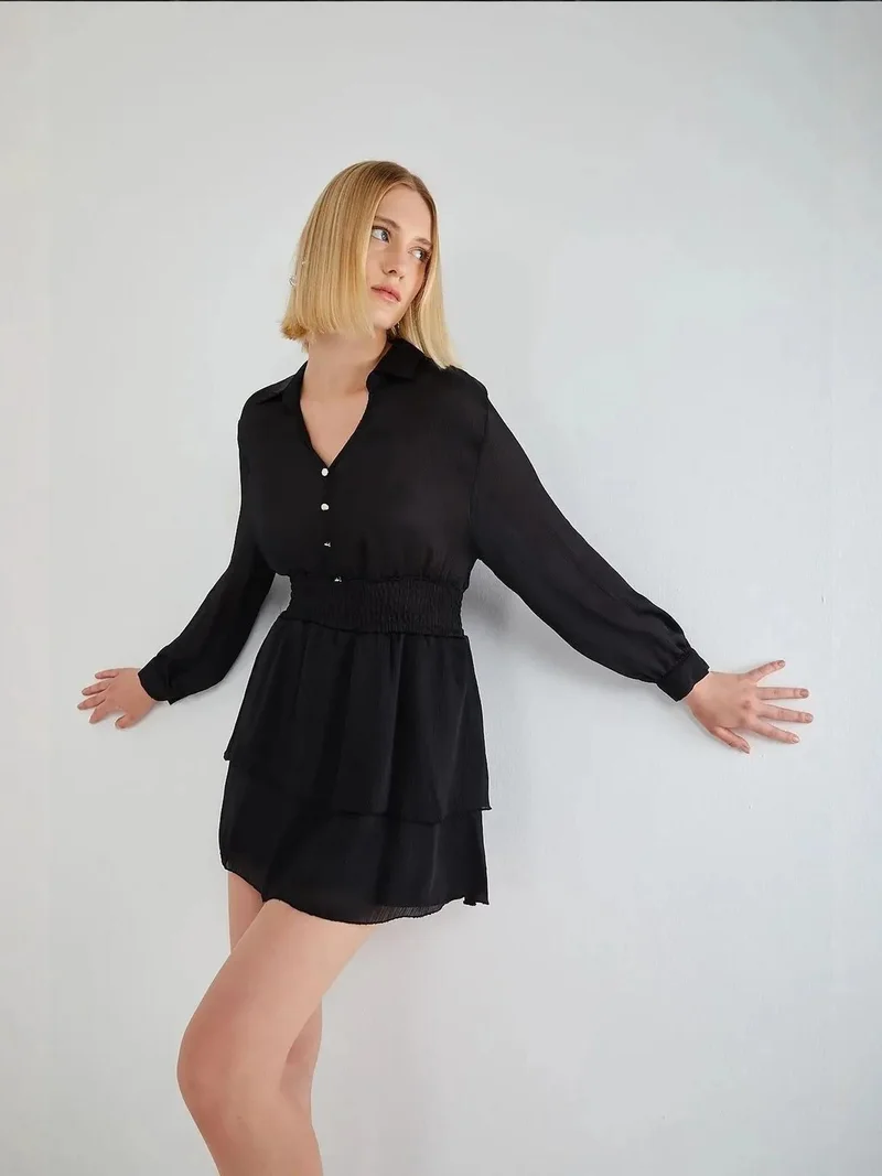 MixRay Black Mixray Mini V-Neck Buttoned Ruffle Dress for Women | Best Price UAE
