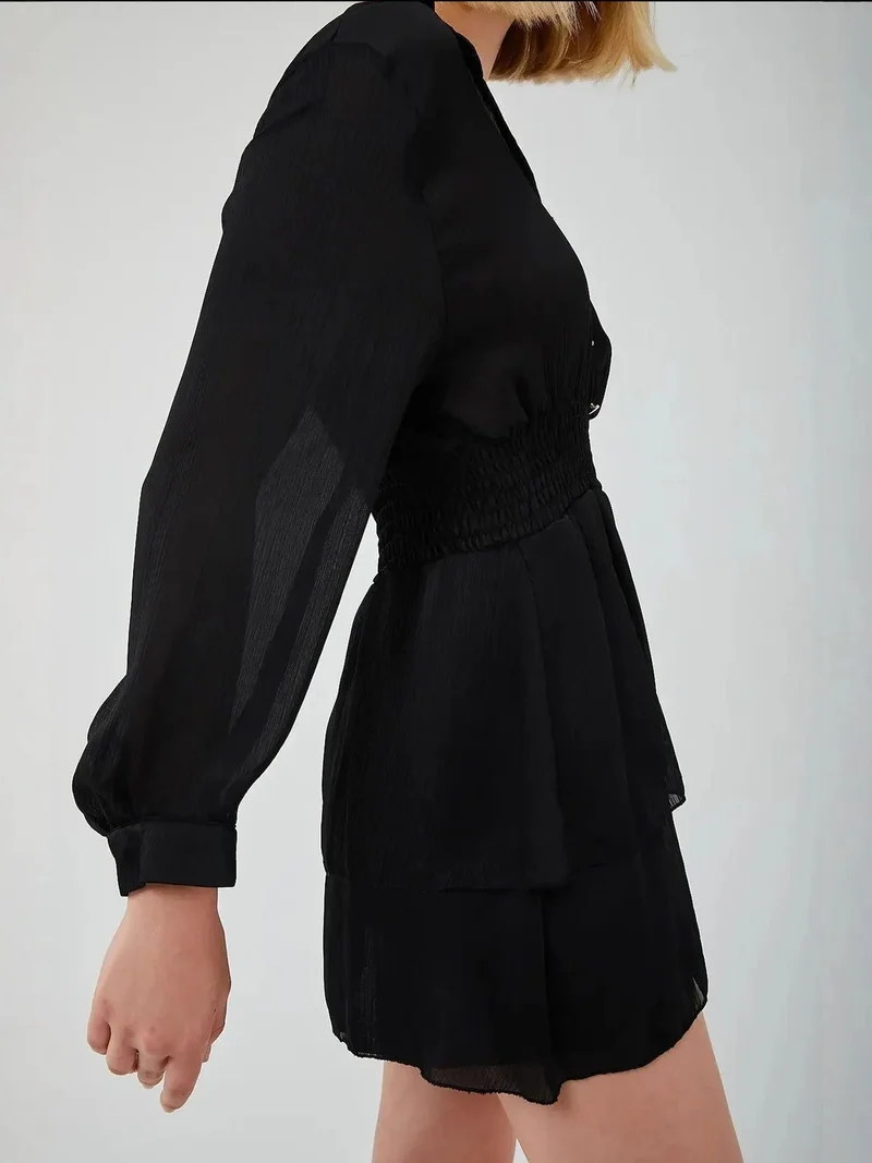 MixRay Black Mixray Mini V-Neck Buttoned Ruffle Dress for Women | Best Price UAE
