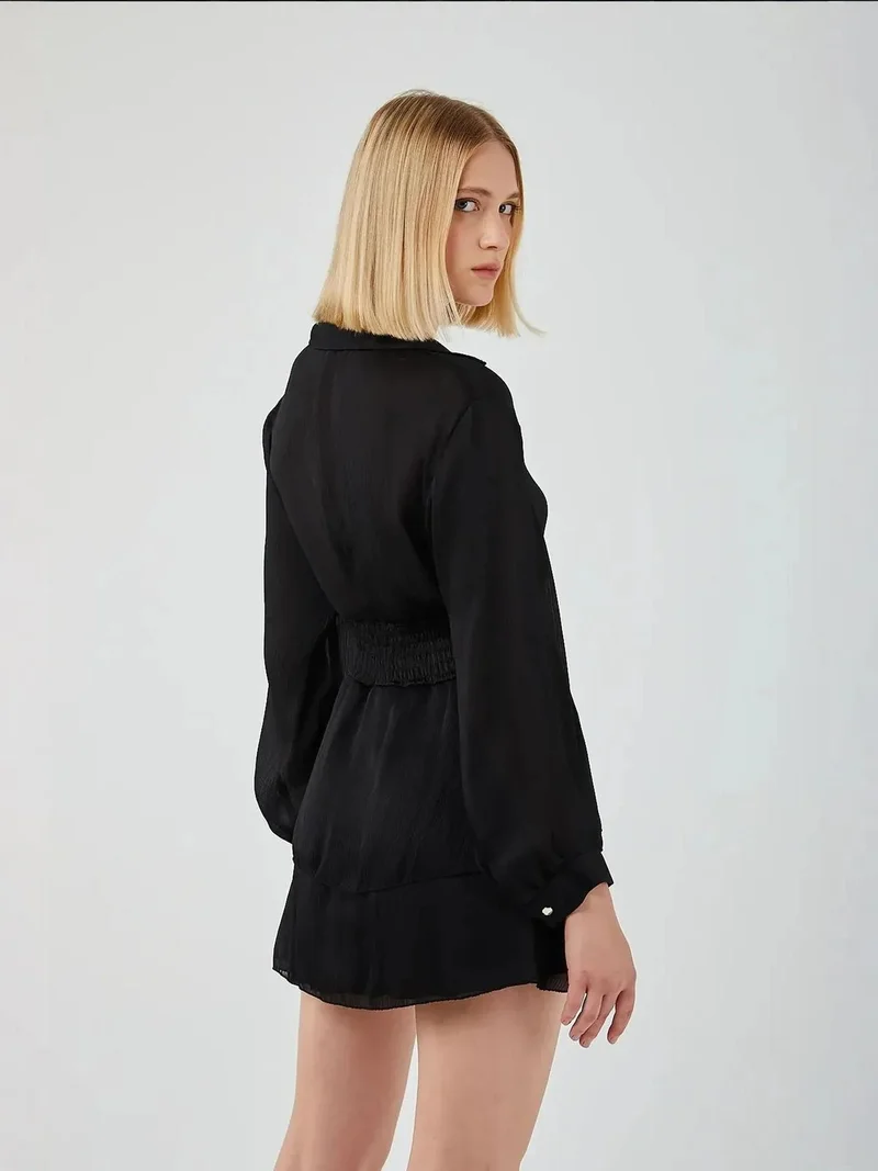 MixRay Black Mixray Mini V-Neck Buttoned Ruffle Dress for Women | Best Price UAE