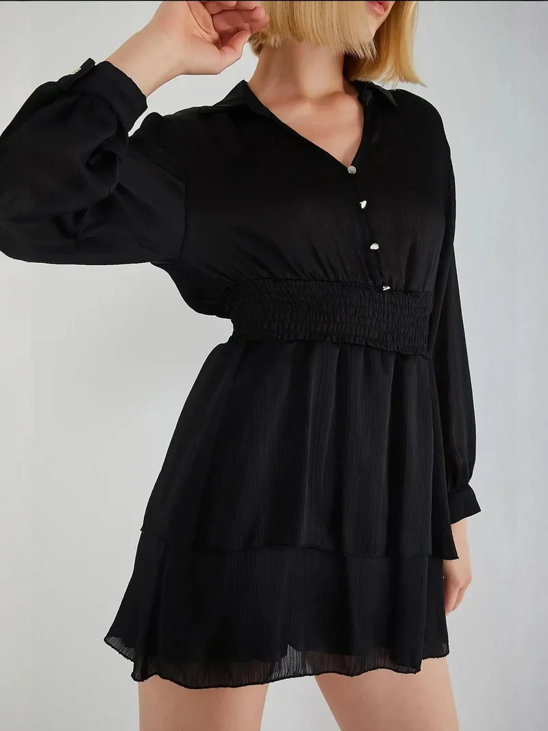 MixRay Black Mixray Mini V-Neck Buttoned Ruffle Dress for Women | Best Price UAE