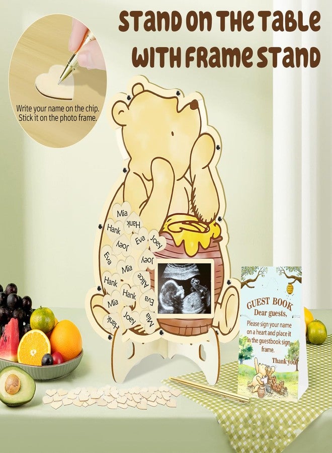 KAMUFU 65pcs Baby Shower Guest Book for Boys Girls, Bear Baby Shower Decorations Include 1 Cute Bear Guest Book with Photo Frame 60 Heart Wood Slices Baby Sonogram Frame Keepsake for Baby Shower - Image 4