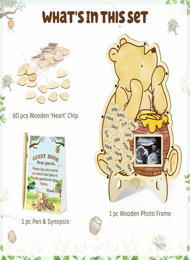 KAMUFU 65pcs Baby Shower Guest Book for Boys Girls, Bear Baby Shower Decorations Include 1 Cute Bear Guest Book with Photo Frame 60 Heart Wood Slices Baby Sonogram Frame Keepsake for Baby Shower - Image 2