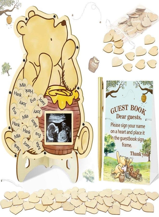 KAMUFU 65pcs Baby Shower Guest Book for Boys Girls, Bear Baby Shower Decorations Include 1 Cute Bear Guest Book with Photo Frame 60 Heart Wood Slices Baby Sonogram Frame Keepsake for Baby Shower - Image 1
