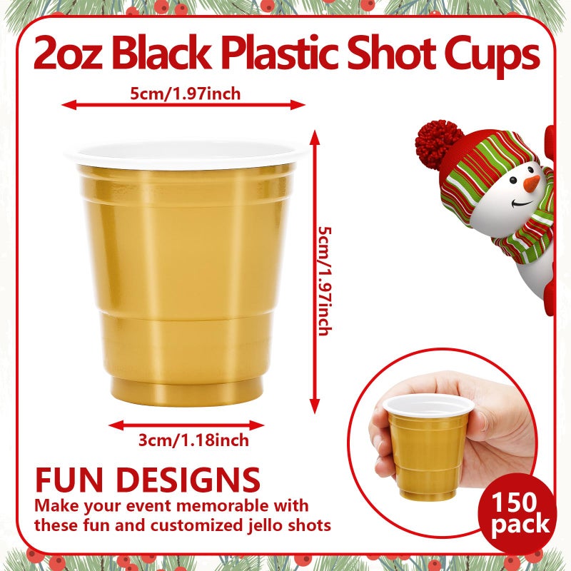 Whaline Whaline 150Pcs 2OZ Christmas Plastic Shot Cups Disposable Mini Shot Glasses Small Red Green Gold Party Cups for Xmas Party Beer Drinks Snacks Samples Tastings Supplies - Image 1