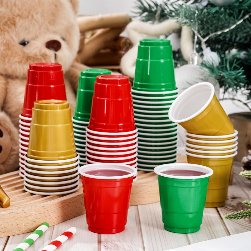 Whaline Whaline 150Pcs 2OZ Christmas Plastic Shot Cups Disposable Mini Shot Glasses Small Red Green Gold Party Cups for Xmas Party Beer Drinks Snacks Samples Tastings Supplies - Image 3