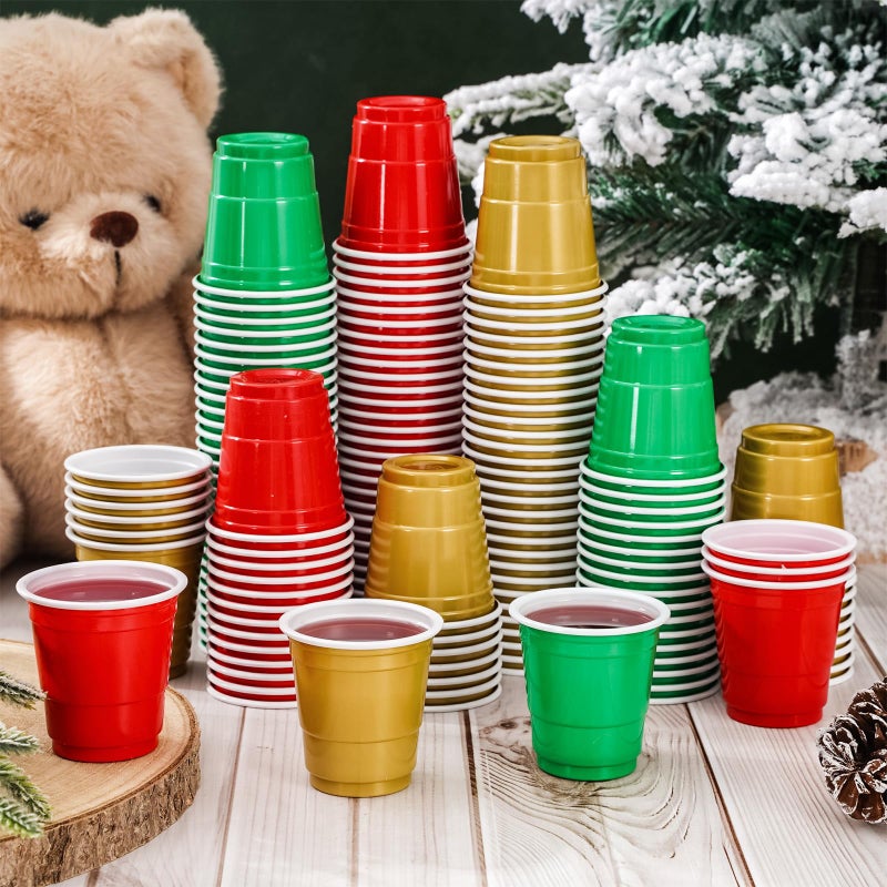 Whaline Whaline 150Pcs 2OZ Christmas Plastic Shot Cups Disposable Mini Shot Glasses Small Red Green Gold Party Cups for Xmas Party Beer Drinks Snacks Samples Tastings Supplies - Image 4