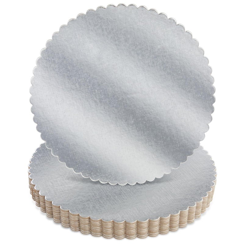 Juvale 10 Inch Cake Board Base Cardboard Scalloped Platters for Bakeries Desserts Silver 12 Pack