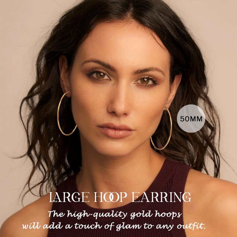 EXGOX 2MM Sterling Silver & 14K Gold Plated Diamond-Cut Big Hoop Earrings for Women - Hypoallergenic, Lightweight Oversize Hoops - 30/40/50/60/70MM - Image 2