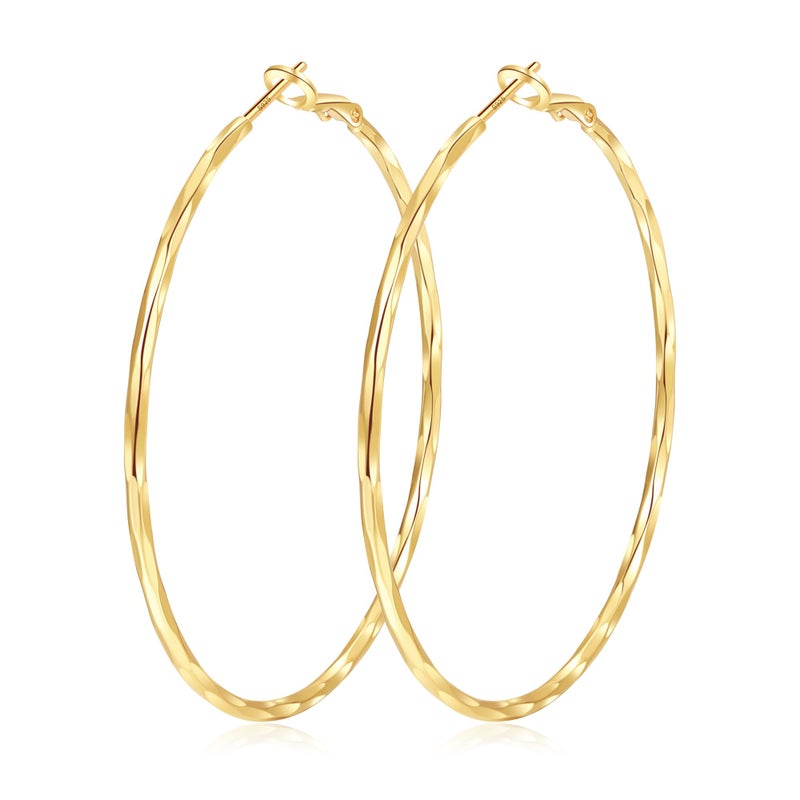 EXGOX 2MM Sterling Silver & 14K Gold Plated Diamond-Cut Big Hoop Earrings for Women - Hypoallergenic, Lightweight Oversize Hoops - 30/40/50/60/70MM - Image 1