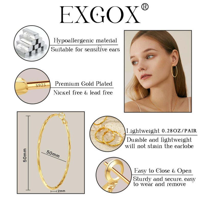EXGOX 2MM Sterling Silver & 14K Gold Plated Diamond-Cut Big Hoop Earrings for Women - Hypoallergenic, Lightweight Oversize Hoops - 30/40/50/60/70MM - Image 3