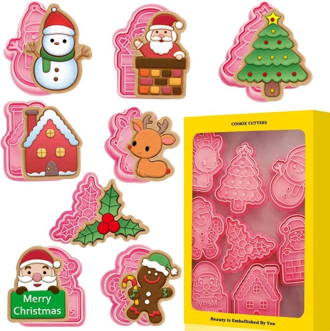 8PCS CHRISTMAS COOKIE CUTTER SET WITH PLUNGER STAMPS INCLUDES GINGERBREAD MAN SNOWMAN SANTA CLAUS REINDEER TREE HOUSE HOLLY LEAF AND MERRY CHRISTMAS DESIGNS PACK OF 1