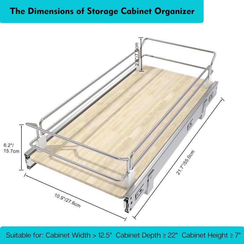 STORKING Pull Out Cabinet Organizer 11" W X 22" D, Slide Out Drawers For Kitchen Organizers and Storage, Pull Out Drawers For Cabinets Capacity Heavy Duty Caddy, Cabinet Shelves Wood Chrome, Pantry Storage - Image 2
