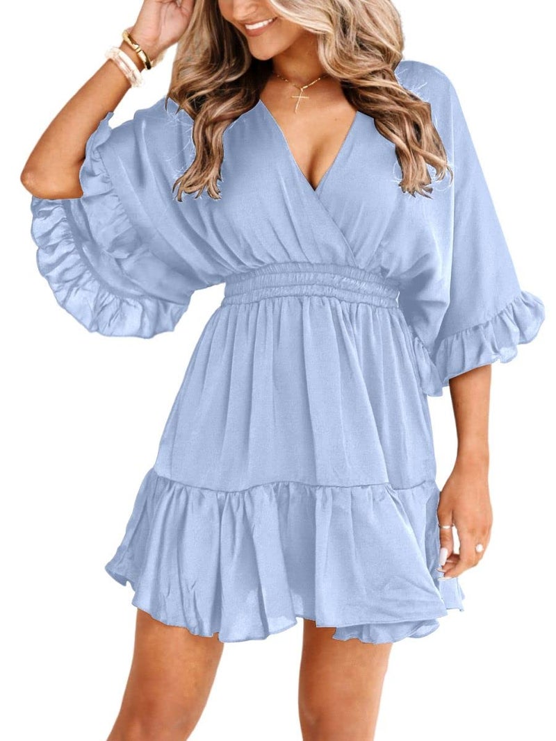 Aoysky Womens V Neck Casual Dresses Summer Loose High Waist Ruffle Pleated Cute Mini Short Dress Sky Blue - Image 1