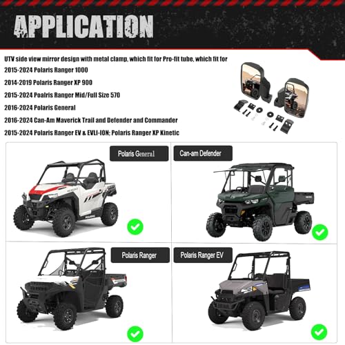 SUNPIE Side Mirrors for Polaris Ranger 1000 XP 1000 SP 570 UTV Mirror Compatible with Polaris General 1000/XP 1000, Canam Defender/Maverick Trail 2013-2025, Pro-fit/Frofile Cage Mirror - Image 2