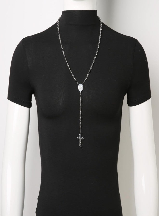 HZMAN Silver Rosary Beads Cross Necklace for Women Stainless Steel Heavy Crucifix Virgin Mary Y Shape Necklaces Jewelry - Image 3