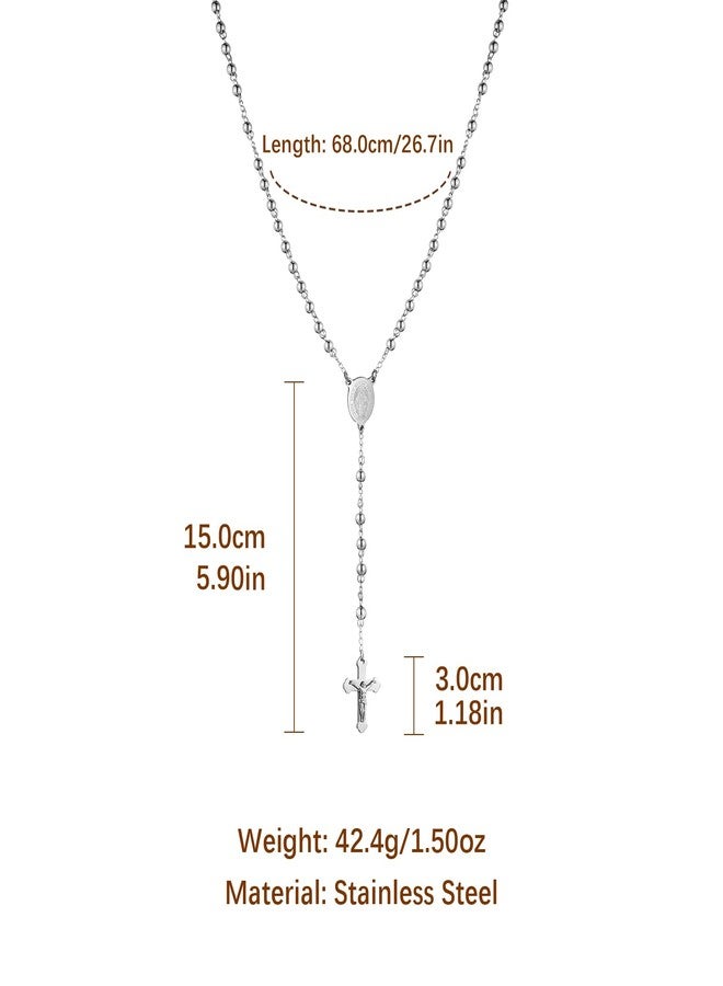 HZMAN Silver Rosary Beads Cross Necklace for Women Stainless Steel Heavy Crucifix Virgin Mary Y Shape Necklaces Jewelry - Image 4