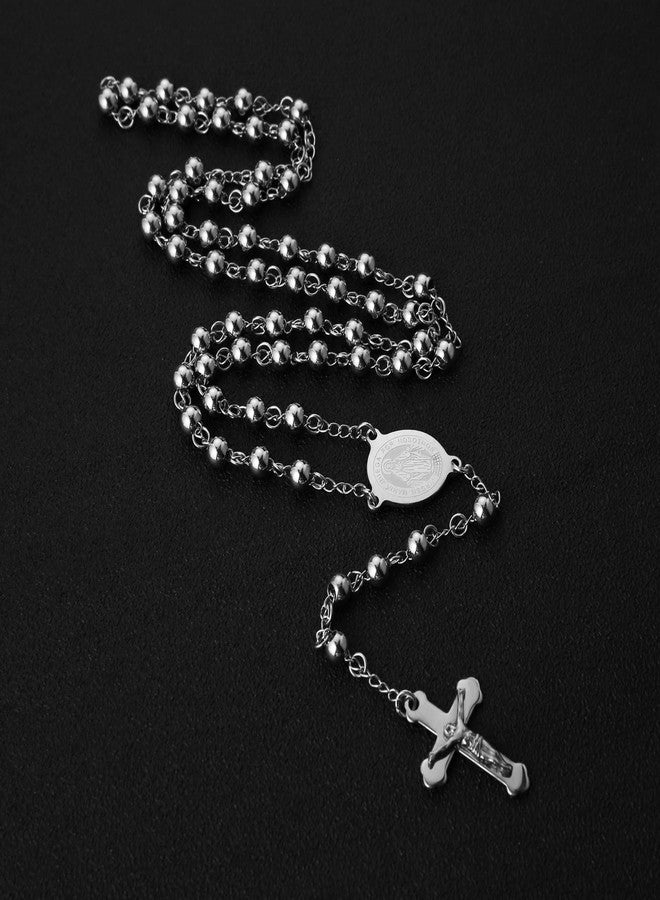 HZMAN Silver Rosary Beads Cross Necklace for Women Stainless Steel Heavy Crucifix Virgin Mary Y Shape Necklaces Jewelry - Image 2