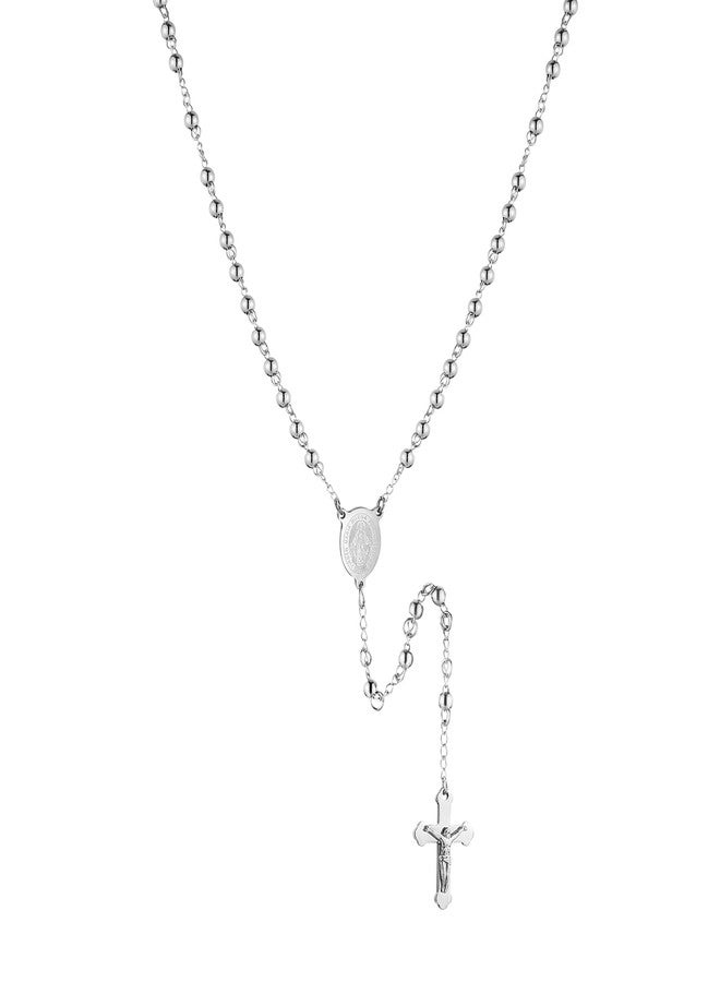 HZMAN Silver Rosary Beads Cross Necklace for Women Stainless Steel Heavy Crucifix Virgin Mary Y Shape Necklaces Jewelry - Image 1
