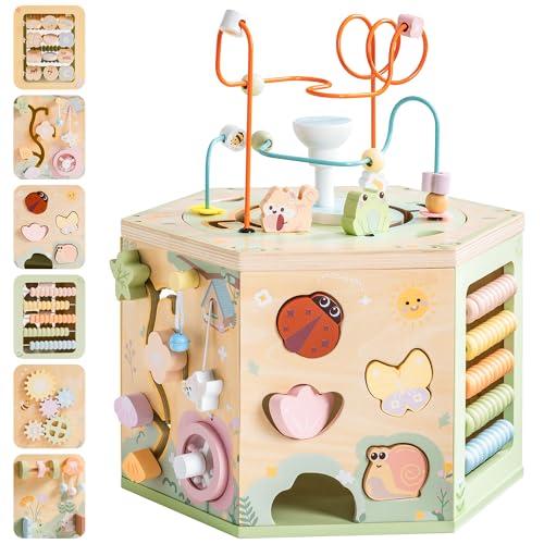 ROBUD Wooden Activity Cube Montessori Toys for 1 Year Old Educational Toy with 13 Functional Areas Fountain Garden Theme for Baby Boys Girls - Image 1