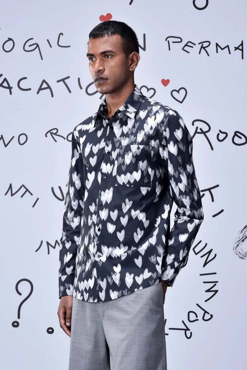 Genes Lecoanet Hemant Button Up Heart Regular Fit Shirt- Black