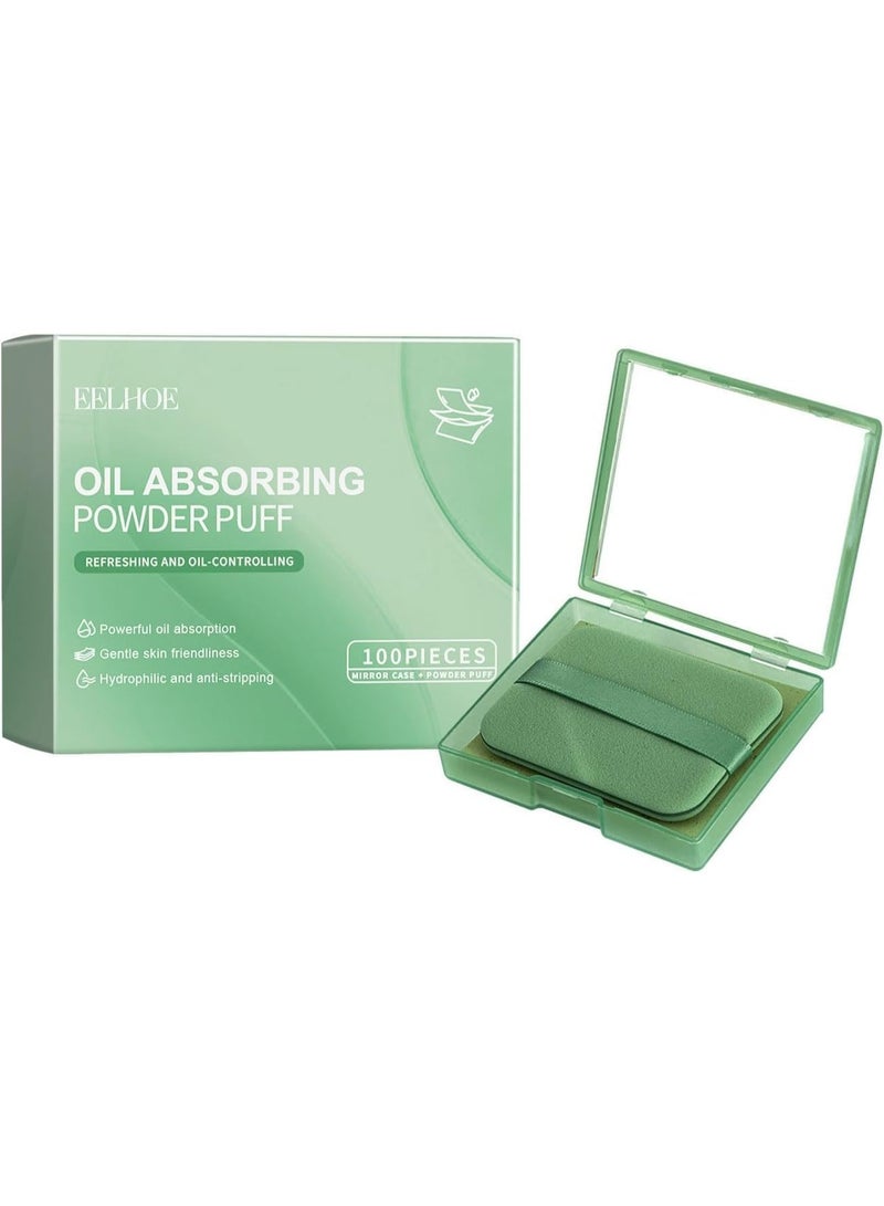 EELHOE 100 Sheets Bamboo Charcoal Oil Absorbing Paper for Face - Blotting Sheets for Oily Skin, Includes Portable Mirror u0026 Makeup Puff, Absorb Excess Oil (Green) - Image 1