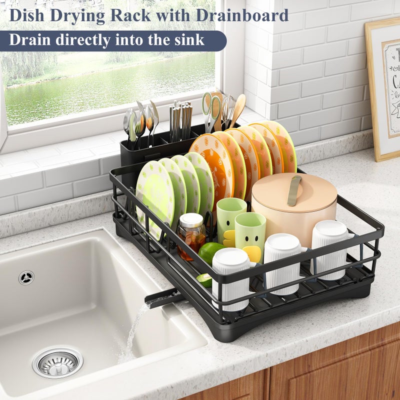 SAYZH Dish Drying Rack - Stainless Steel Dish Rack for Kitchen Counter, Large-Capacity Dish Drainer with Cutlery Holder, Kitchen Organizer for Dishes, Spoons and Forks, Black - Image 3
