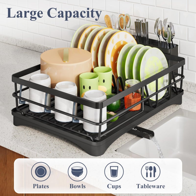 SAYZH Dish Drying Rack - Stainless Steel Dish Rack for Kitchen Counter, Large-Capacity Dish Drainer with Cutlery Holder, Kitchen Organizer for Dishes, Spoons and Forks, Black - Image 2