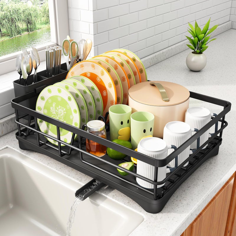 SAYZH Dish Drying Rack - Stainless Steel Dish Rack for Kitchen Counter, Large-Capacity Dish Drainer with Cutlery Holder, Kitchen Organizer for Dishes, Spoons and Forks, Black - Image 1