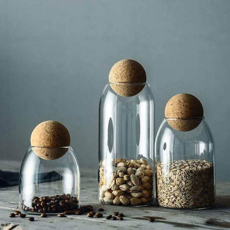 MOLADRI 500ML/16Oz Clear Glass Storage Cute Canister Holder Ball Wood Cork Top  Modern Decorative Cylinder Container Jar with Round Lid for Coffee  Spice  Candy  Salt  Cookie Cool Terrarium Bottle - Image 3