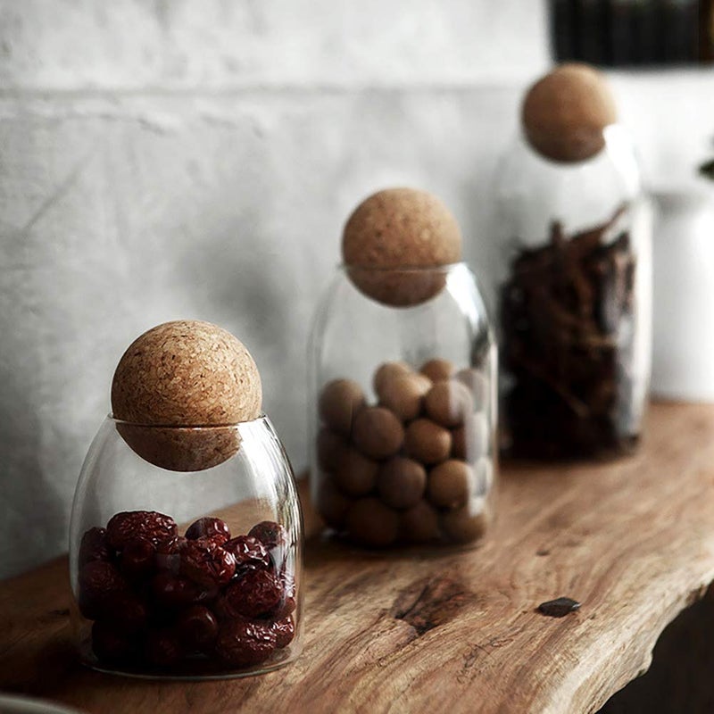 MOLADRI 500ML/16Oz Clear Glass Storage Cute Canister Holder Ball Wood Cork Top  Modern Decorative Cylinder Container Jar with Round Lid for Coffee  Spice  Candy  Salt  Cookie Cool Terrarium Bottle - Image 2