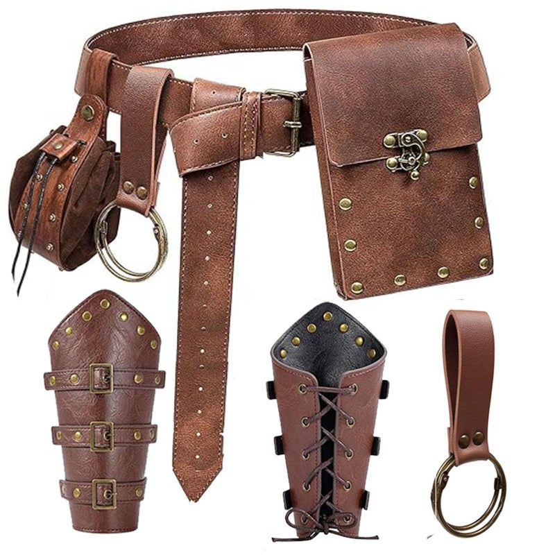 SUMGOGO Renaissance Belt Pouch Purse Viking Bracer Hook Halloween Set Medieval Festival Costume Accessory Casual Fanny Pack Waist Bag (Dual-Brown) - Image 1