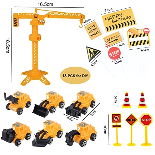Nevperish 18 PCS Construction Cake Toppers Vehicles Cake Decoration Set Excavator Tower Crane Cupcake Topper Traffic and Road Sign Decor Happy Birthday Party Supplies Favors - Image 2