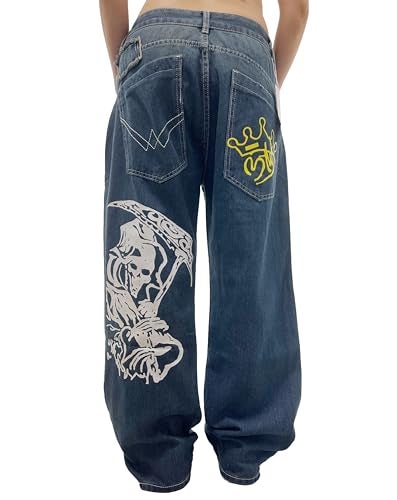 Unisex Y2K Hip Hop Street Jeans Skeleton Printed Gothic Baggy Jeans Vintage High Waist Denim Jeans Wide Leg Pants MediumBlue