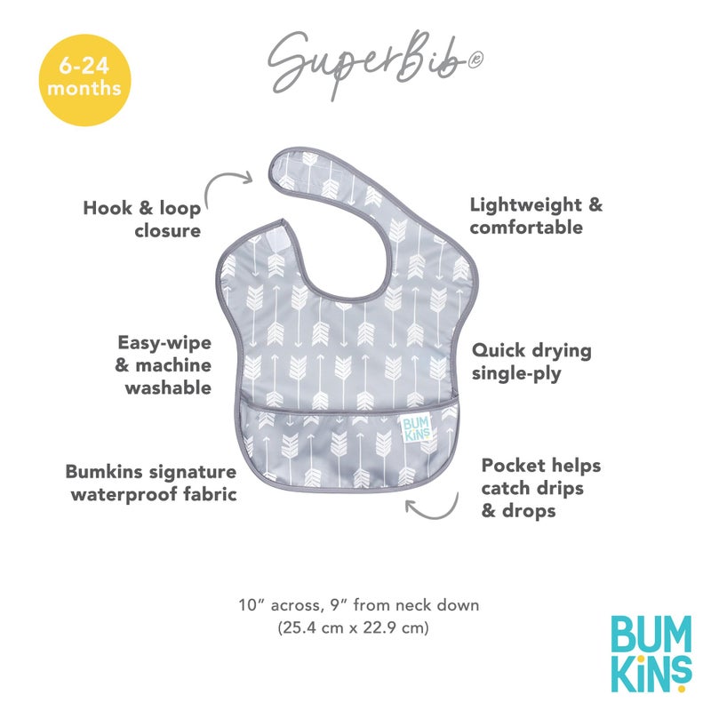 Bumkins Bibs for Girl or Boy, SuperBib Baby and Toddler for 6-24 Mos, Essential Must Have for Eating, Feeding, Baby Led Weaning Supplies, Mess Saving Catch Food, Waterproof Soft Fabric, Gray Arrows - Image 5