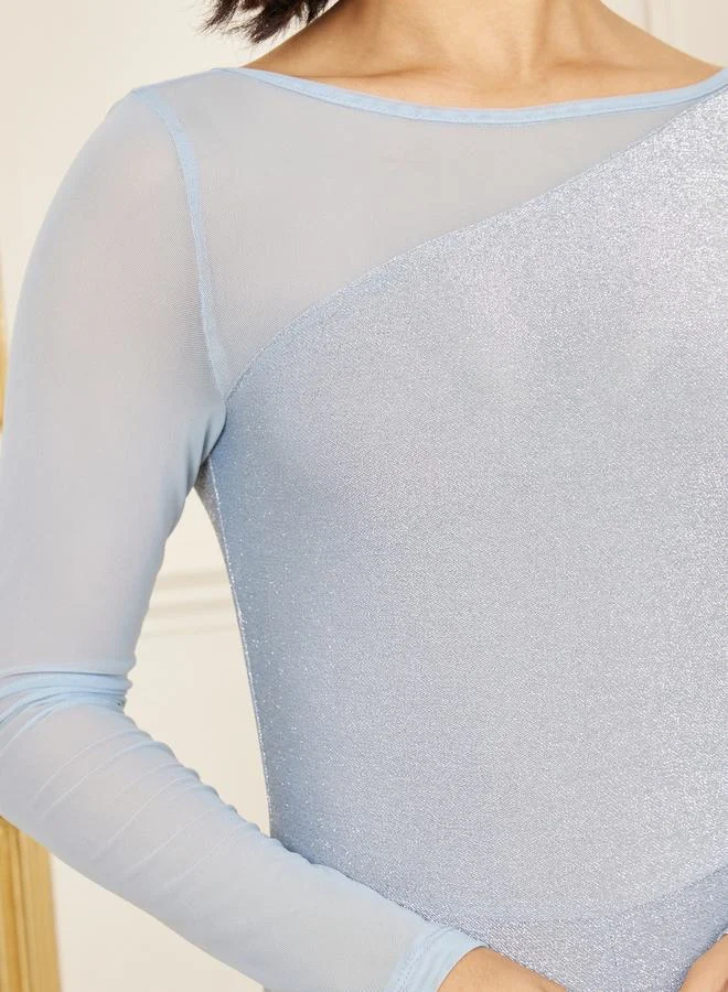 ستايلي Shimmer Knit Mesh Insert Wide Leg Jumpsuit