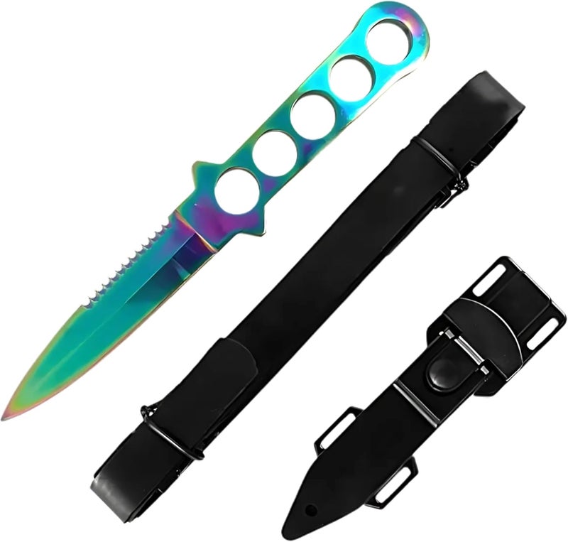 Diving Knife, 9-Inch Overall, 4.25-Inch Mirror Polish Blade, Stainless Steel Handle Leg Strap (Rainbow)