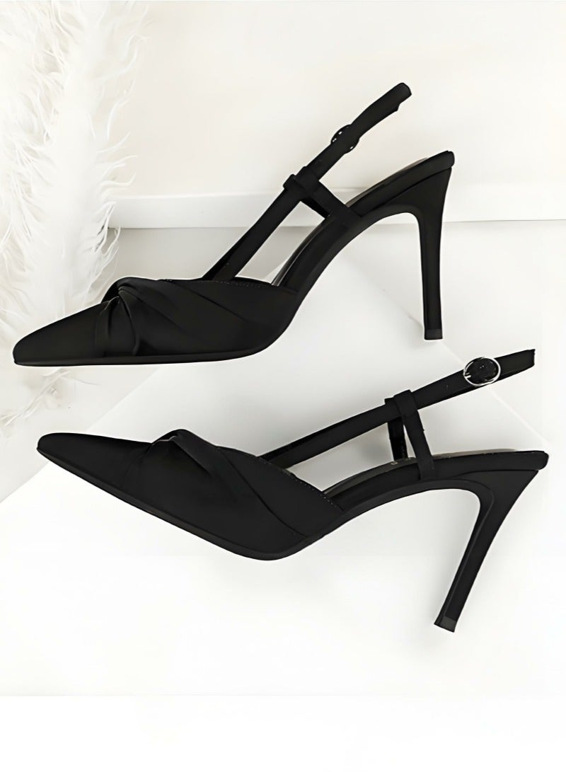 بيج تري المرأة مغلقة أشارت إصبع القدم مضخات الساتين كعب عالي مع قفل حزام ساندال أسود 9 سم - Image 3