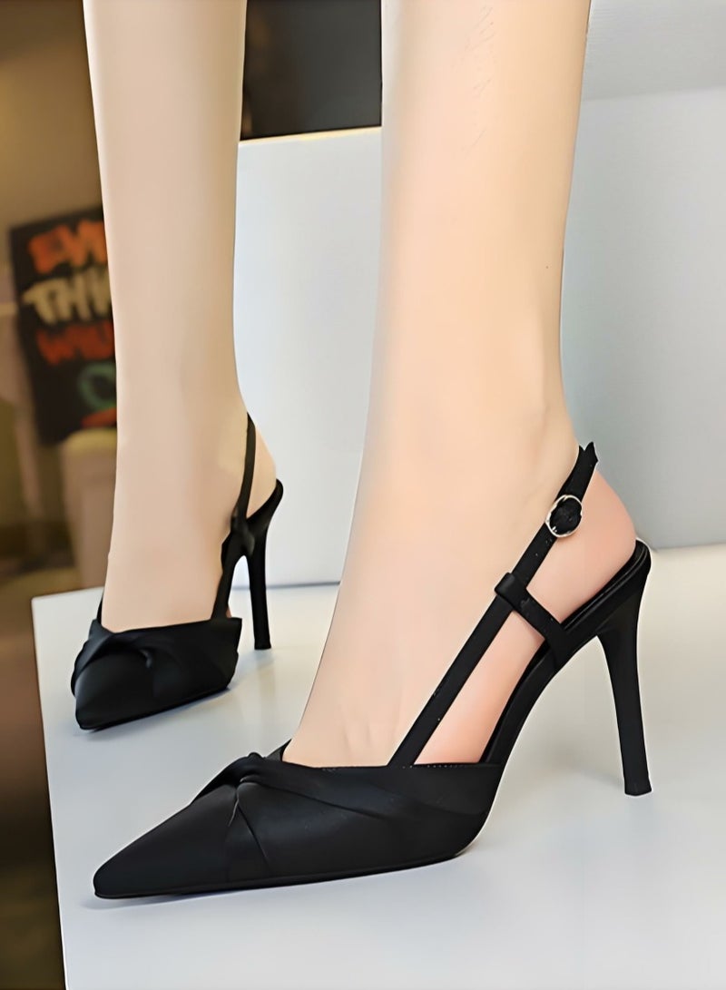 بيج تري المرأة مغلقة أشارت إصبع القدم مضخات الساتين كعب عالي مع قفل حزام ساندال أسود 9 سم - Image 4