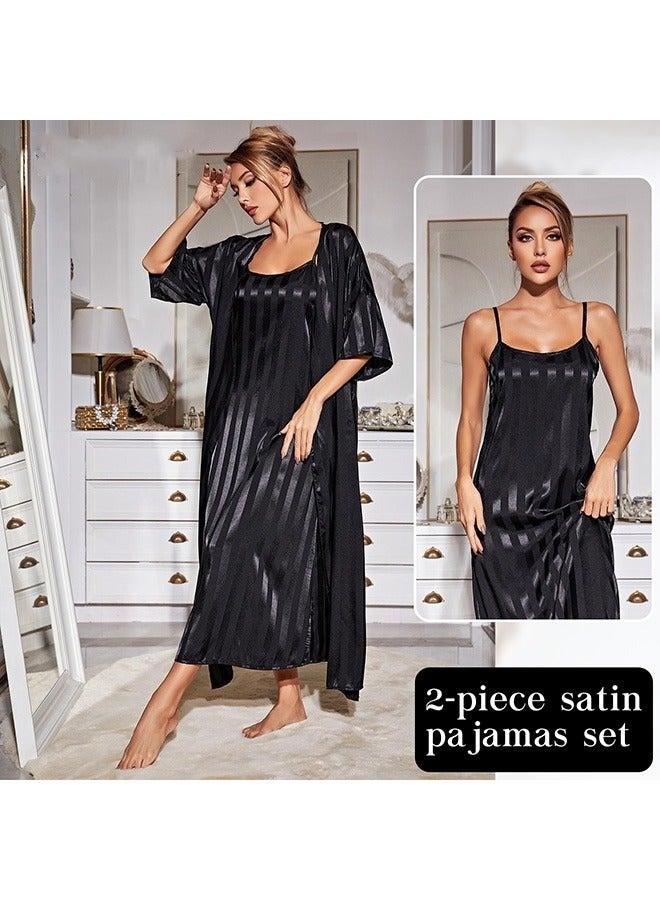 NIBEMINENT 2-Piece Women'S Striped Pajamas Classic Round Neck Vertical Stripe And Ankle Length Suspender Nightgown 5 Sleeve Long Cardigan - Image 3