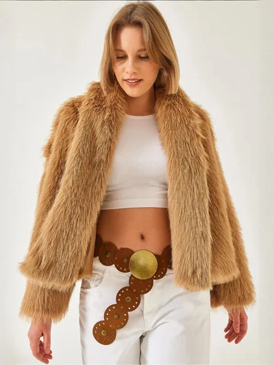 Bianco Lucci Faux Fur Cropped Open Collar Coat