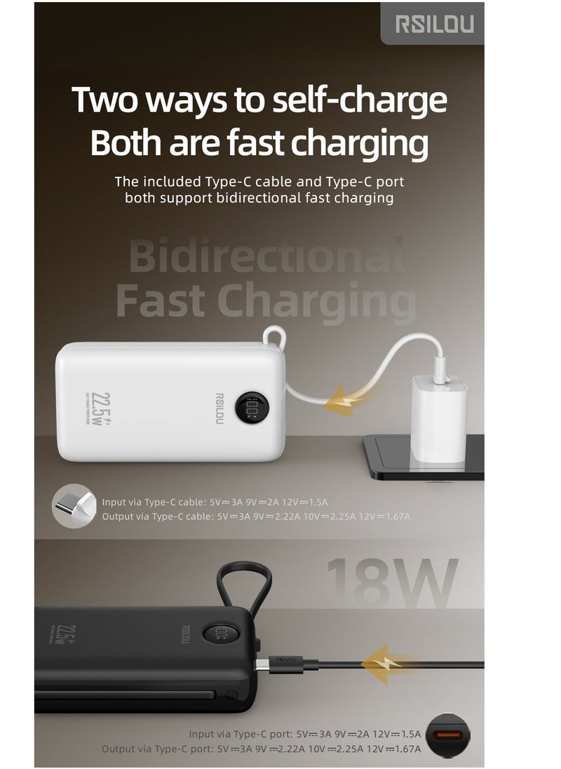 RM22D 20000mAh Power Bank, Dual Cables, Capacity 22.5W PD Fast Charging Per Port, 77W Total Output PowerMulti-Device Compatibility, Digital Display, Type-C and USB-A Output Built-in Dual Cables