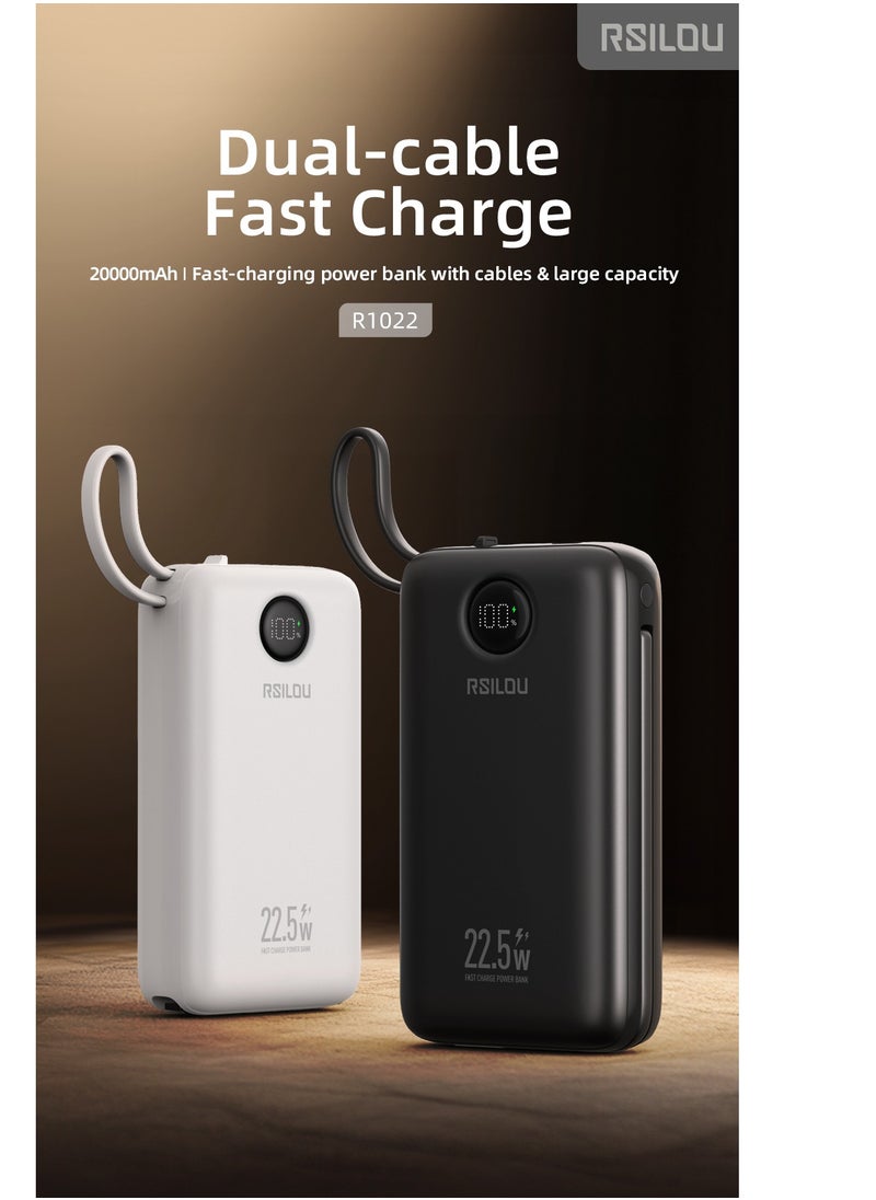 RM22D 20000mAh Power Bank, Dual Cables, Capacity 22.5W PD Fast Charging Per Port, 77W Total Output PowerMulti-Device Compatibility, Digital Display, Type-C and USB-A Output Built-in Dual Cables