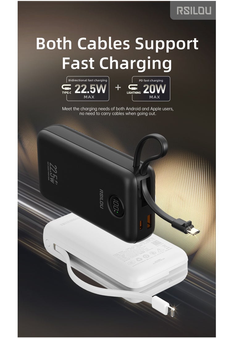 RM22D 20000mAh Power Bank, Dual Cables, Capacity 22.5W PD Fast Charging Per Port, 77W Total Output PowerMulti-Device Compatibility, Digital Display, Type-C and USB-A Output Built-in Dual Cables