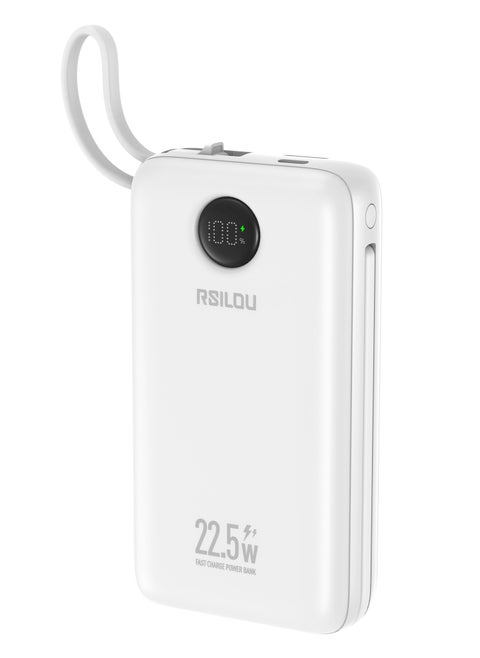 RM22D 20000mAh Power Bank, Dual Cables, Capacity 22.5W PD Fast Charging Per Port, 77W Total Output PowerMulti-Device Compatibility, Digital Display, Type-C and USB-A Output Built-in Dual Cables