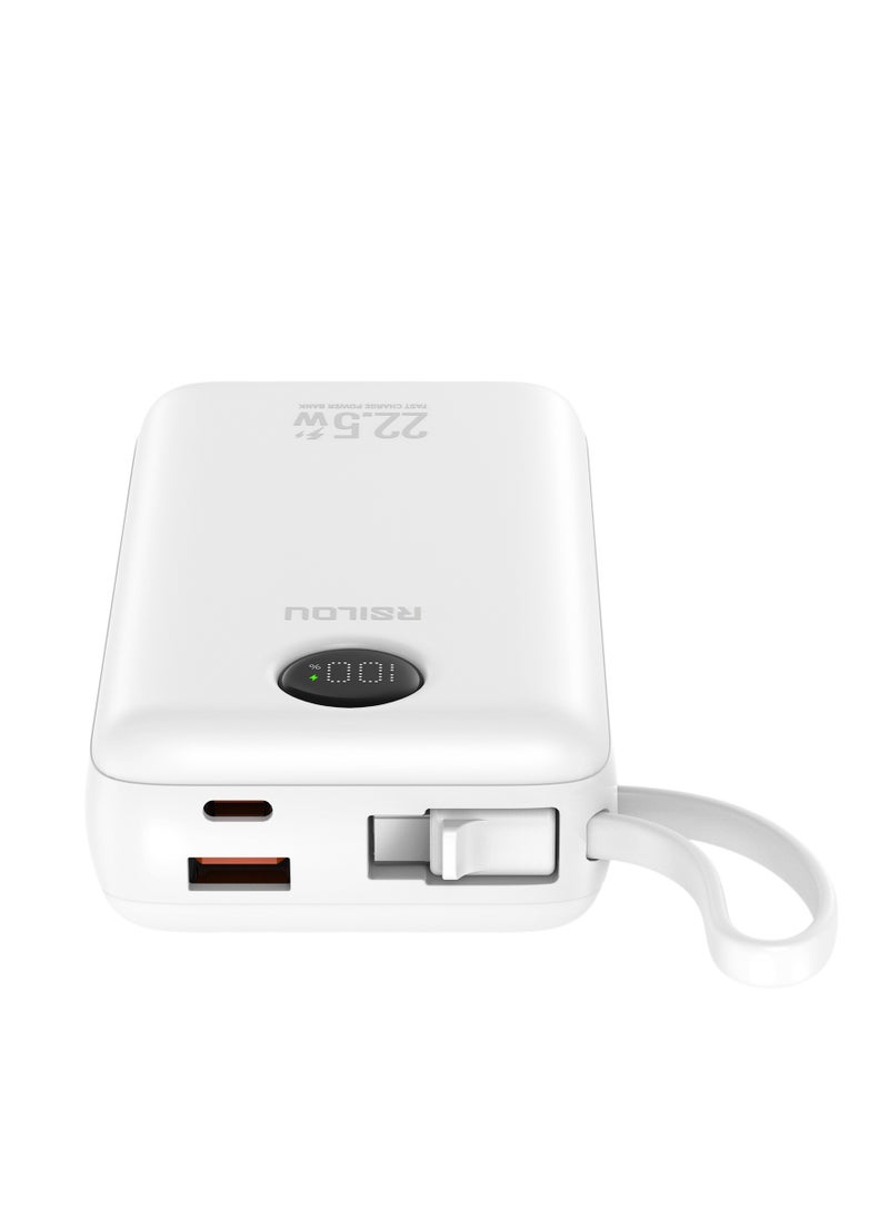 RM22D 20000mAh Power Bank, Dual Cables, Capacity 22.5W PD Fast Charging Per Port, 77W Total Output PowerMulti-Device Compatibility, Digital Display, Type-C and USB-A Output Built-in Dual Cables