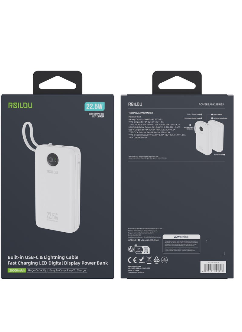 RM22D 20000mAh Power Bank, Dual Cables, Capacity 22.5W PD Fast Charging Per Port, 77W Total Output PowerMulti-Device Compatibility, Digital Display, Type-C and USB-A Output Built-in Dual Cables