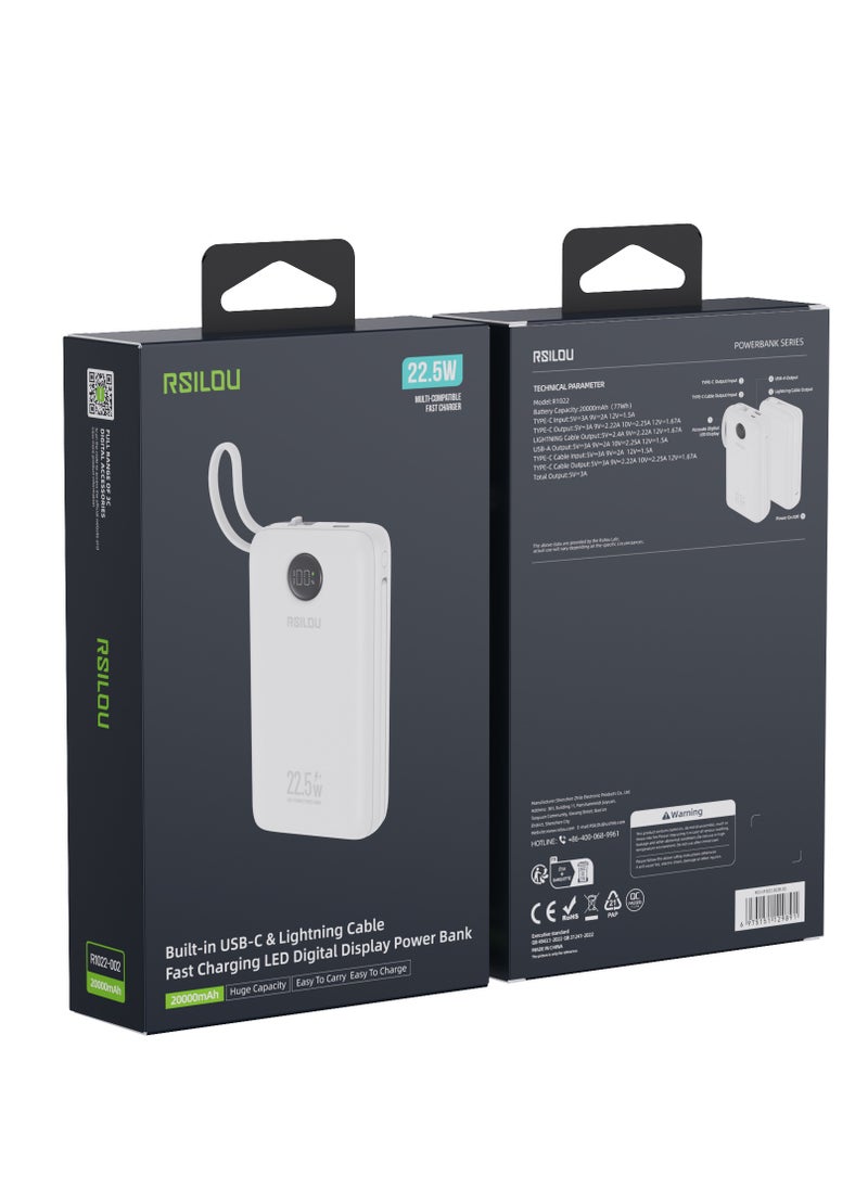 RM22D 20000mAh Power Bank, Dual Cables, Capacity 22.5W PD Fast Charging Per Port, 77W Total Output PowerMulti-Device Compatibility, Digital Display, Type-C and USB-A Output Built-in Dual Cables