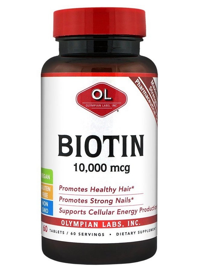 Olympian Labs - Max Strength Biotin Supplement 10000Mcg Tabs Digestive Health Improve Hair Skin Nails 60 Vegan Tablets - Image 1