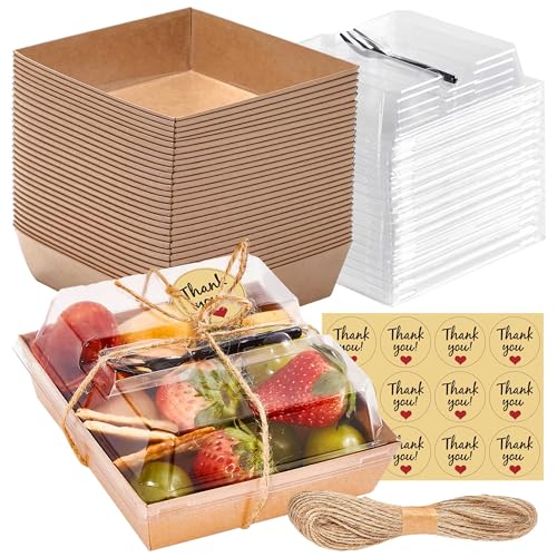 Leafiew 50 Pack Small Individual Charcuterie Boxes with Clear Lids and Forks - To Go Paper Mini Charcuterie Box, Disposable Food Containers, 5Inch Dessert Boxes for Cookie, Cake Slice, Strawberries - Image 1