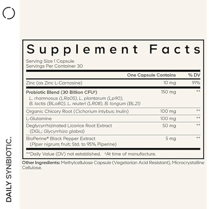 Codeage Daily Synbiotic Supplement - Prebiotics, Lactobacillus & Bifidobacterium Probiotics, L-Glutamine, Zinc L-Carnosine, DGL, Synbiotic Probiotic, BioPerine - Shelf-Stable - 30 Capsules - Image 2
